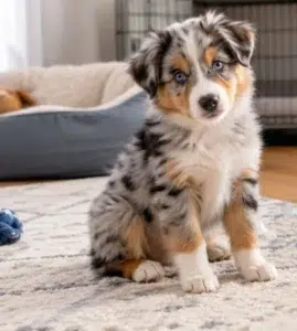 Blue merle Toy Australian Shepherd puppy sitting on a rug
